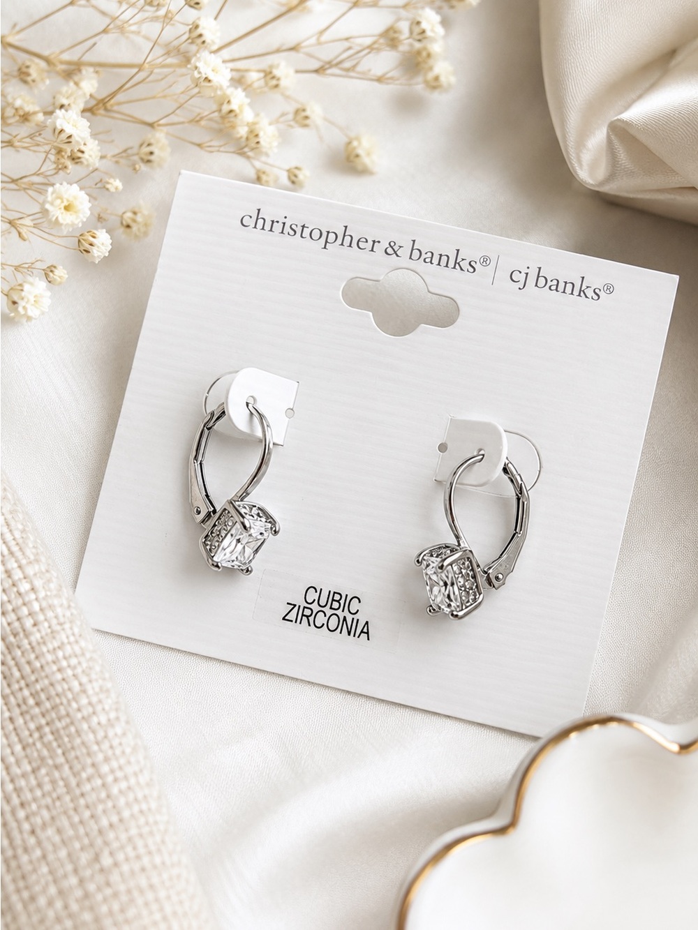 NWT Christopher & Banks Cubic Zirconia Silver Leverback Hoop Earrings